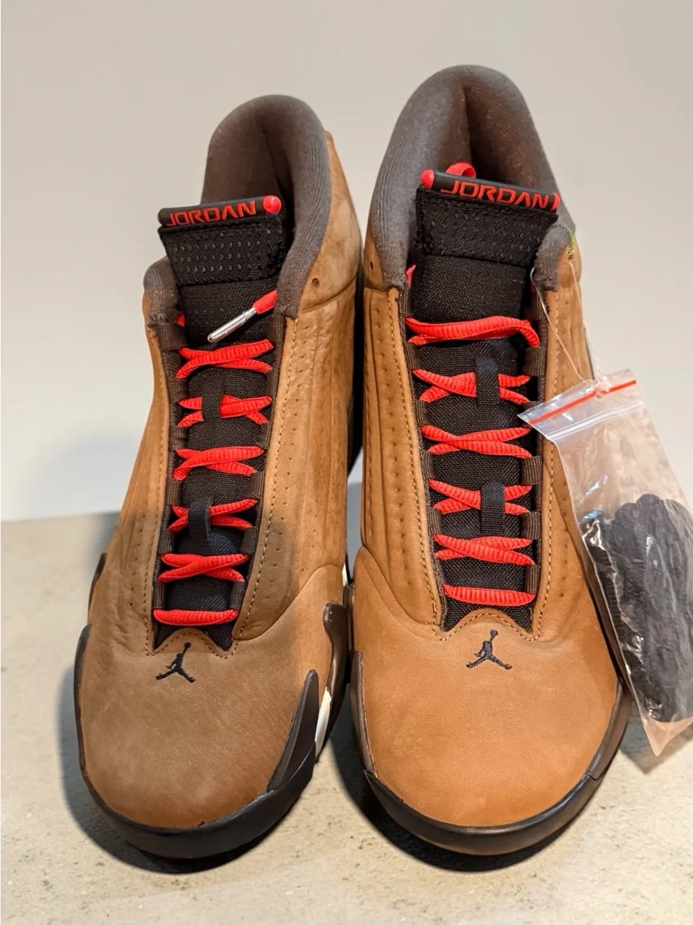 Jordan 14 Retro (Winterized Archaeo Brown) Suede Sneakers with Red Accents
